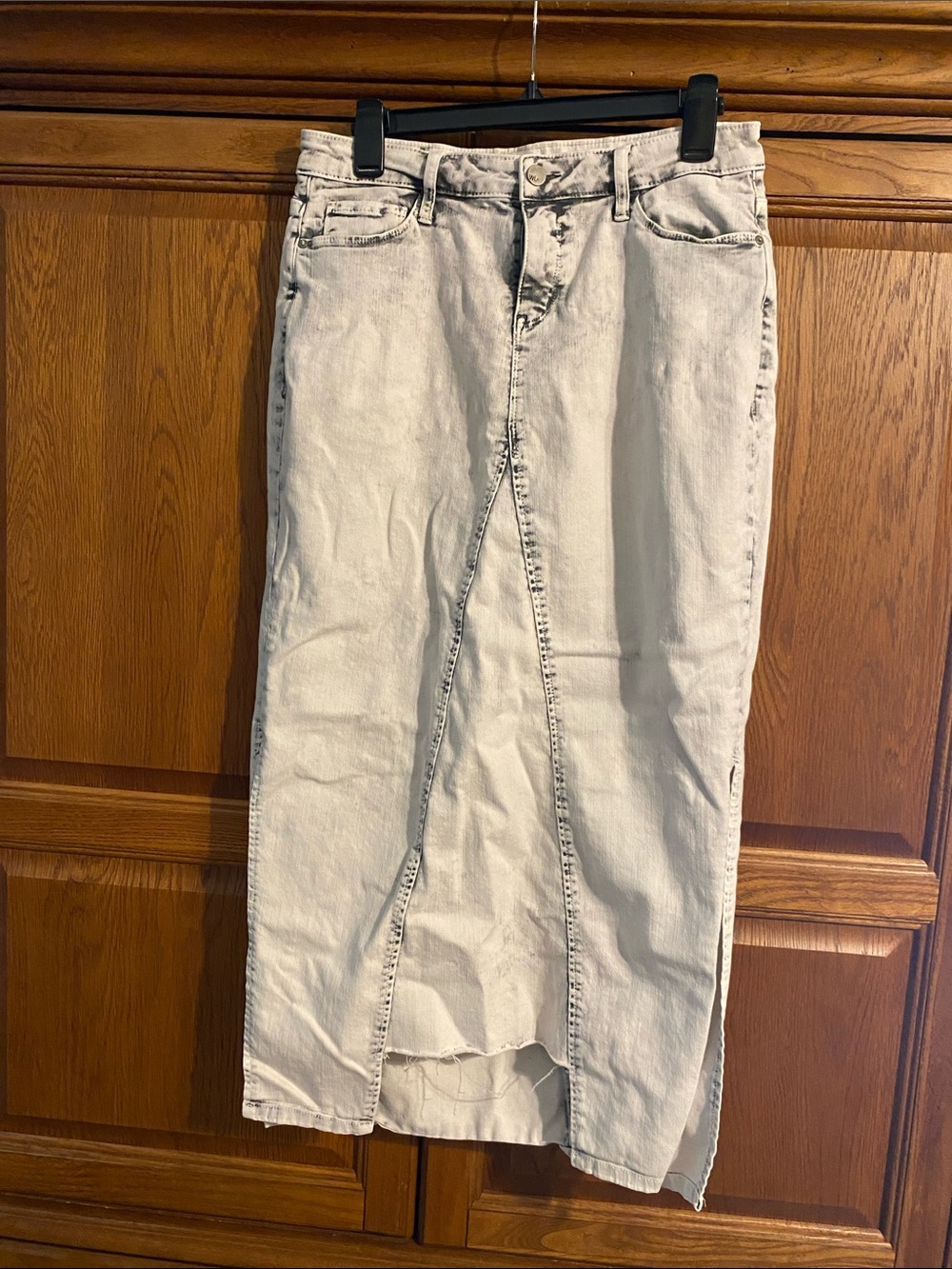 Wash Lab Powder Grey Midi Denim Skirt with Front Panel Detail